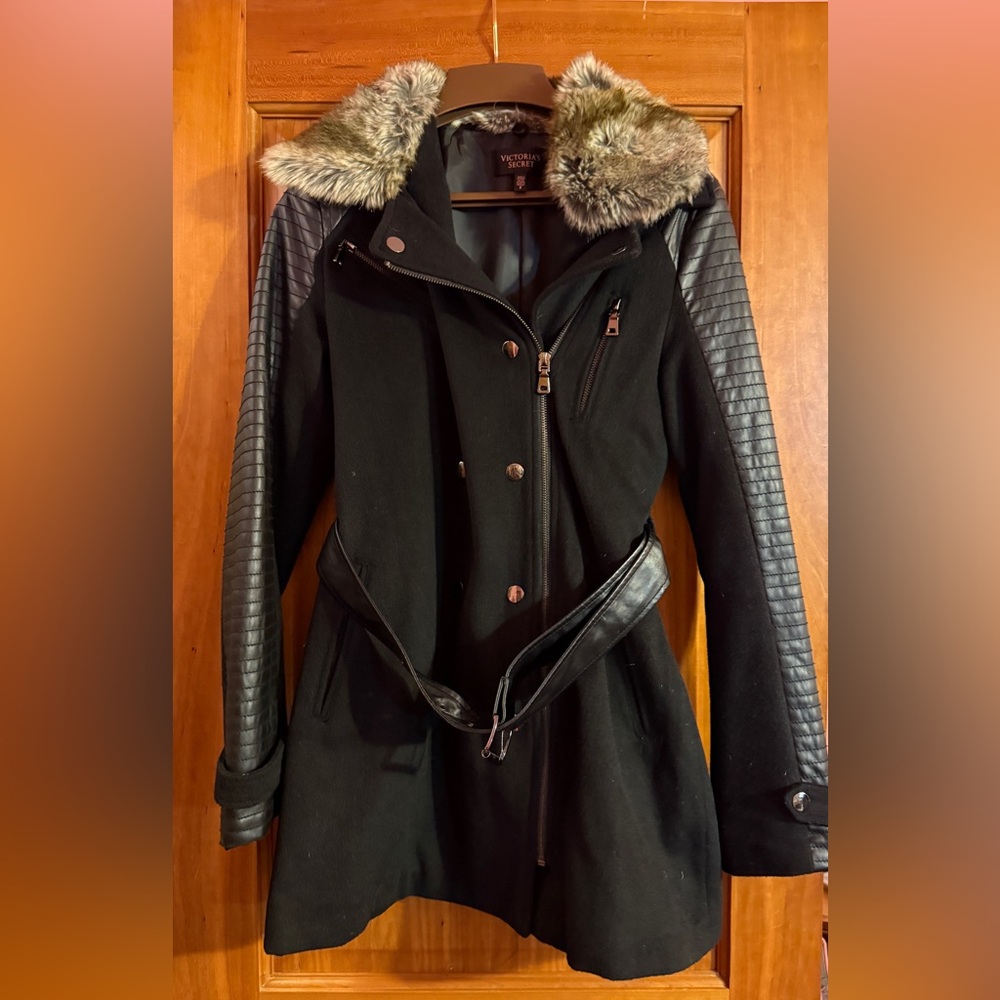 Victoria's Secret Black Coat with Faux Fur and Quilted Sleeves